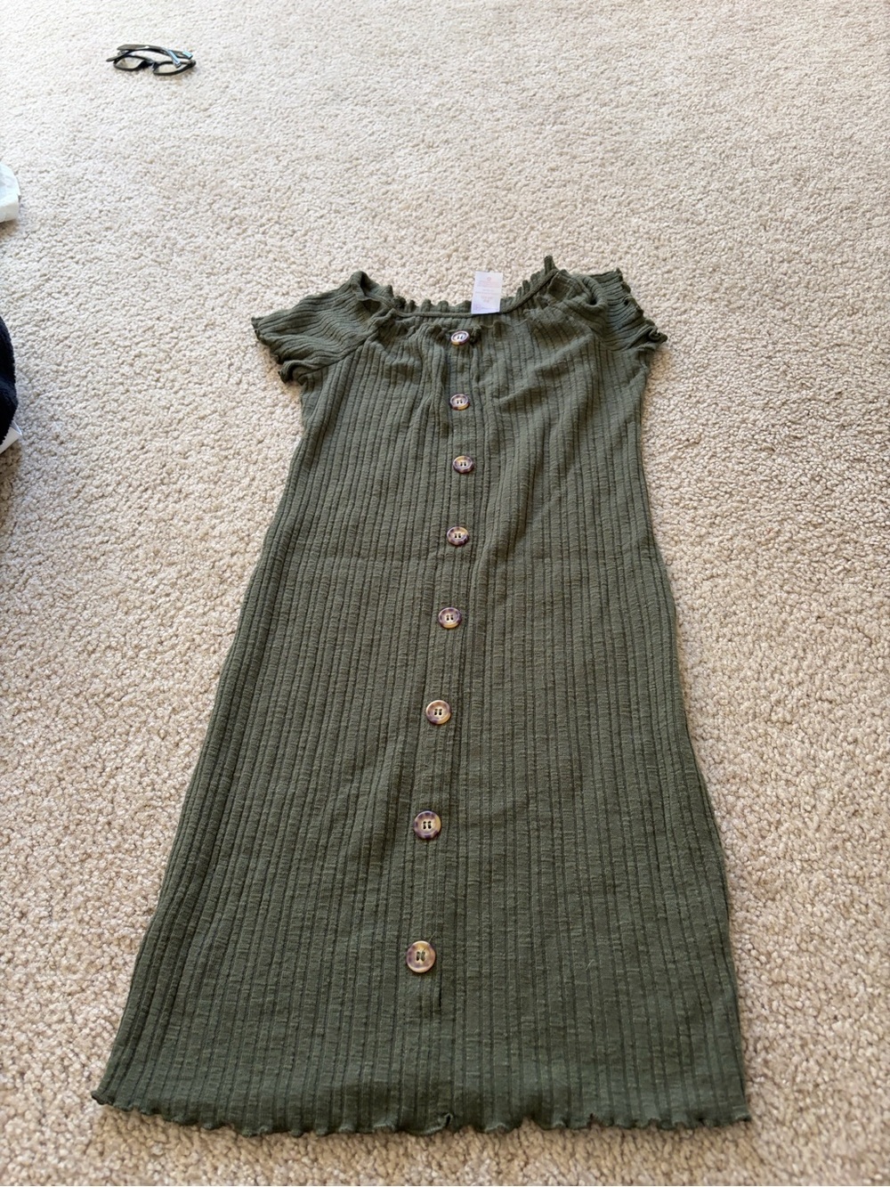 Girls Olive Green Ribbed Button-Front Dress